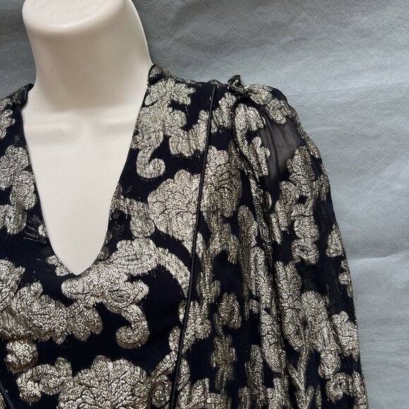 Anthropologie Gold & Black Metallic Floral Print Ruffle Mini Dress Size S Party - Picture 3 of 5